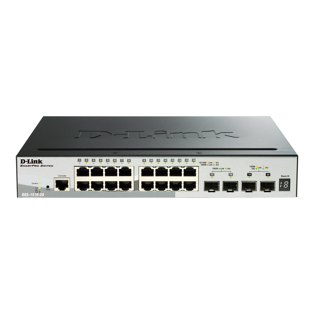 D-Link DGS 1510-20 Switch front view, featuring 20 ethernet ports and rackmount design.