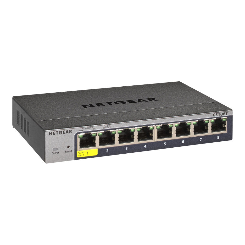 Netgear GS108Tv3 8-Port Switch showing front view with multiple Ethernet ports and power indicator.