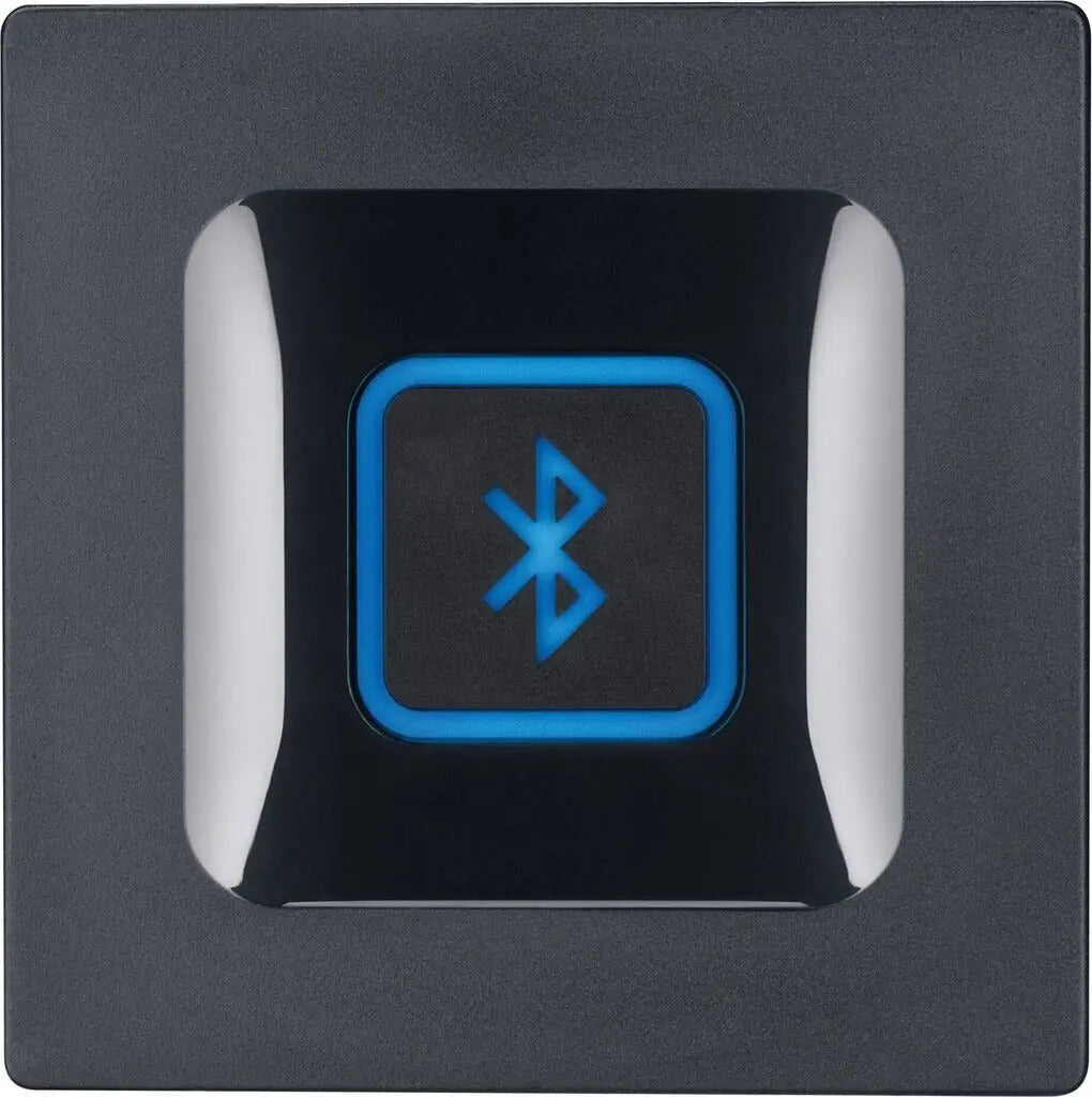 Logitech Bluetooth Audio Adapter pairing button with blue Bluetooth symbol on a sleek black design.
