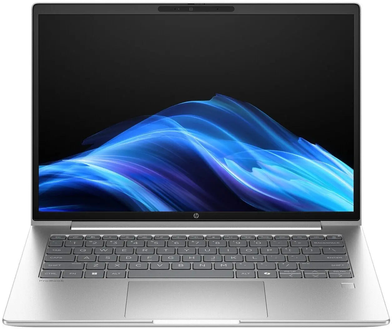 HP ProBook 4 G1a AI Ryzen 5 Pro 230 16/512GB W11 Pro 16" Laptop front view with sleek design and vibrant display.