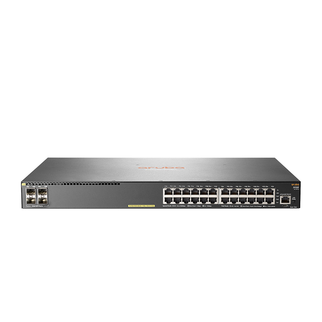 HPE Aruba 2930F 24G PoE+ 4SFP Sw Rackmount Switch front view with multiple ports and slots