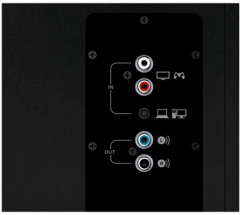 Anschlüsse des Logitech Z533 - Lautsprechersystem für verschiedene Geräte und Audioquellen.