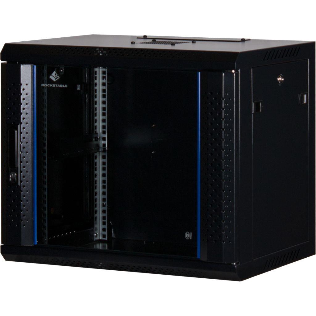 Rockstable 9HE Netzwerkschrank, Serverschrank - 19 Zoll Wandmontage - (BxTxH) 600x440x503mm mit Glastür - Schwarz - Abschließbar - Vormontiert - Traglast 60kg