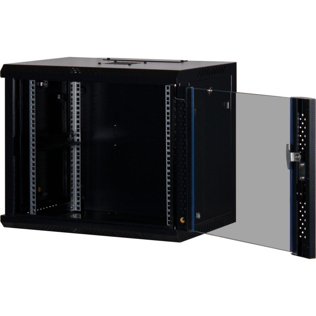 Rockstable 9HE Netzwerkschrank, Serverschrank - 19 Zoll Wandmontage - (BxTxH) 600x440x503mm mit Glastür - Schwarz - Abschließbar - Vormontiert - Traglast 60kg