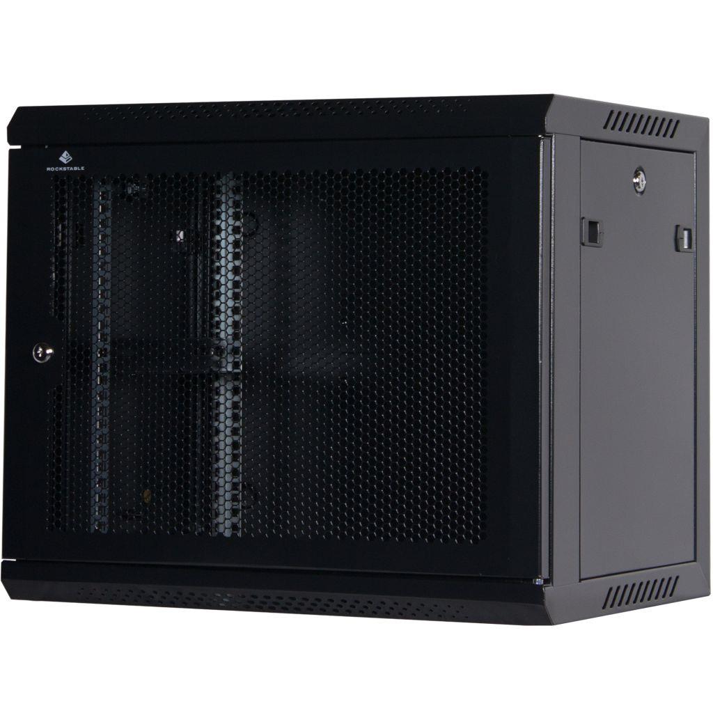 Rockstable 9HE Netzwerkschrank, Serverschrank - 19 Zoll Wandmontage - (BxTxH) 600x440x503mm mit perforierter Tür - Schwarz - Abschließbar - Vormontiert - Traglast 60kg