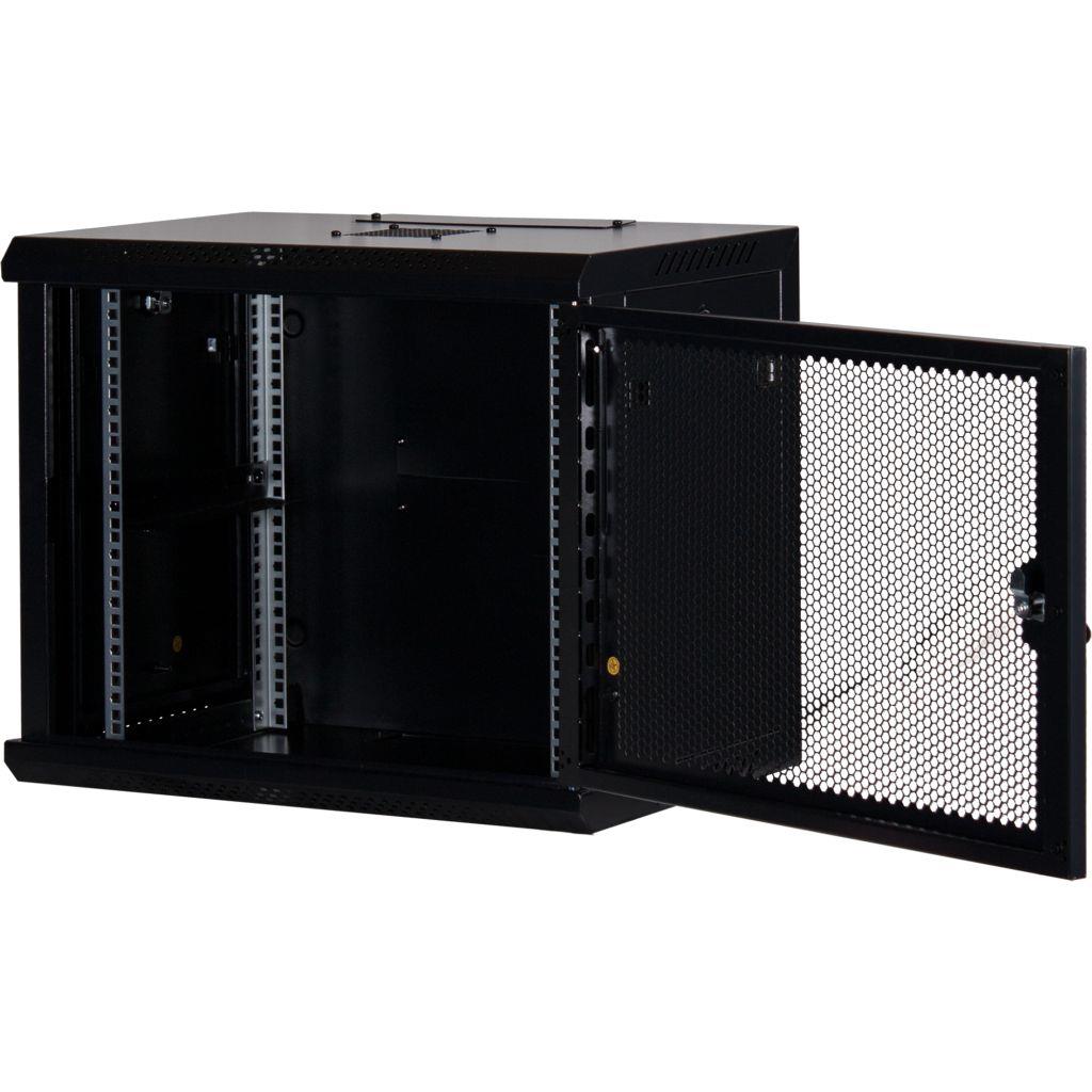 Rockstable 9HE Netzwerkschrank, Serverschrank - 19 Zoll Wandmontage - (BxTxH) 600x440x503mm mit perforierter Tür - Schwarz - Abschließbar - Vormontiert - Traglast 60kg