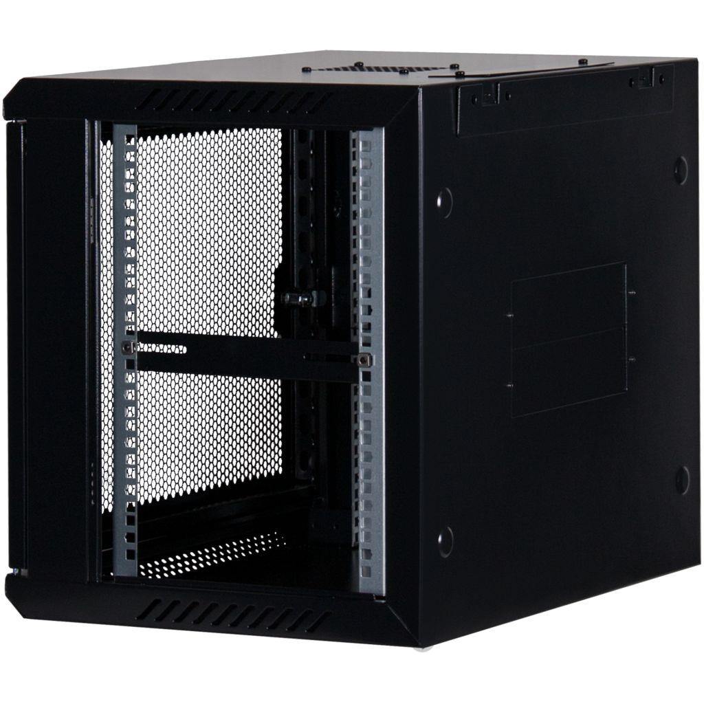 Rockstable 9HE Netzwerkschrank, Serverschrank - 19 Zoll Wandmontage - (BxTxH) 600x440x503mm mit perforierter Tür - Schwarz - Abschließbar - Vormontiert - Traglast 60kg