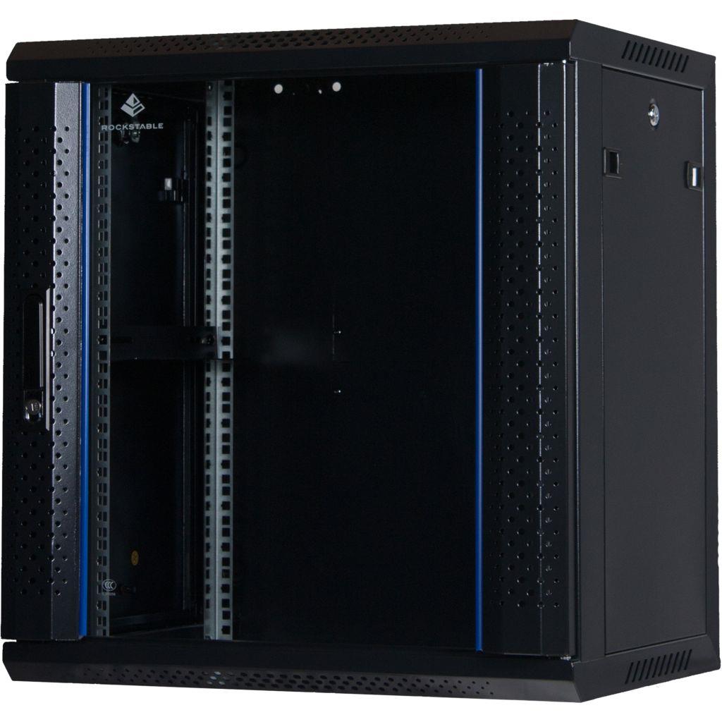 Rockstable 12HE Netzwerkschrank, Serverschrank - 19 Zoll Wandmontage - (BxTxH) 600x440x637mm mit Glastür - Schwarz - Abschließbar - Vormontiert - Traglast 60kg