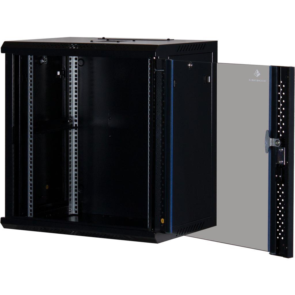 Rockstable 12HE Netzwerkschrank, Serverschrank - 19 Zoll Wandmontage - (BxTxH) 600x440x637mm mit Glastür - Schwarz - Abschließbar - Vormontiert - Traglast 60kg