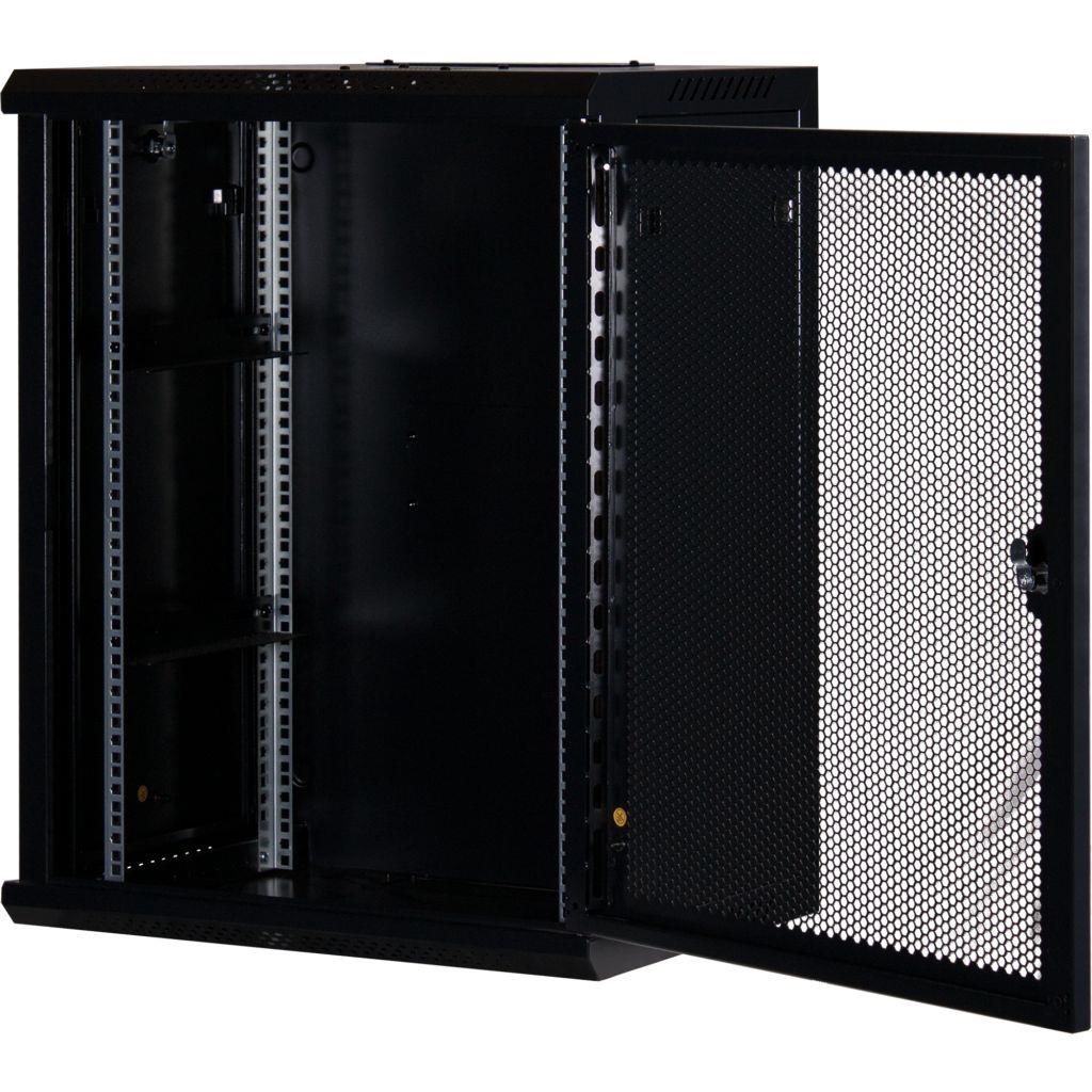 Rockstable 15HE Netzwerkschrank, Serverschrank - 19 Zoll Wandmontage - (BxTxH) 600x440x770mm mit perforierter Tür - Schwarz - Abschließbar - Vormontiert - Traglast 60kg