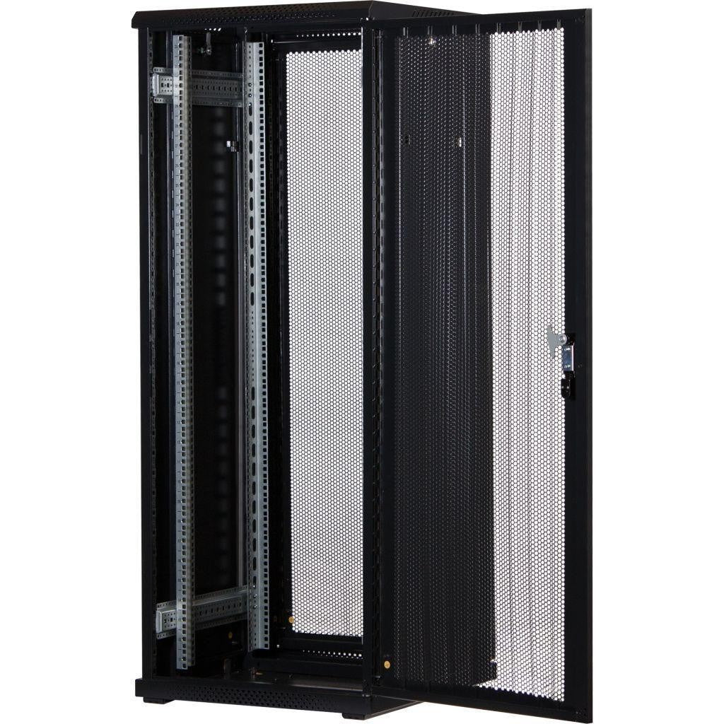 Rockstable 32HE 19 Zoll Serverschrank Netzwerkschrank (BxTxH) 600x600x1600mm mit Gitternetztüren - Türanschlag wechselbar - Türen und Seitenwände abnehmbar und verschließbar - Schwarz (RAL 9005)