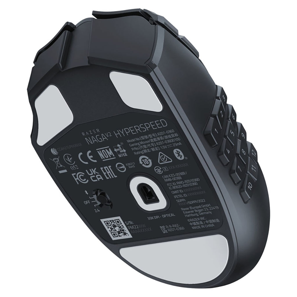 Razer Naga V2 HyperSpeed gaming mouse underside view with 11 programmable buttons and laser sensor.
