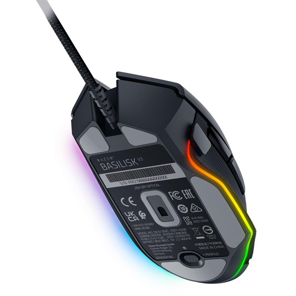 Razer Basilisk V3 Maus rechts mit optischer Präzision, 26000 DPI und 11 Tasten, kabelgebunden.
