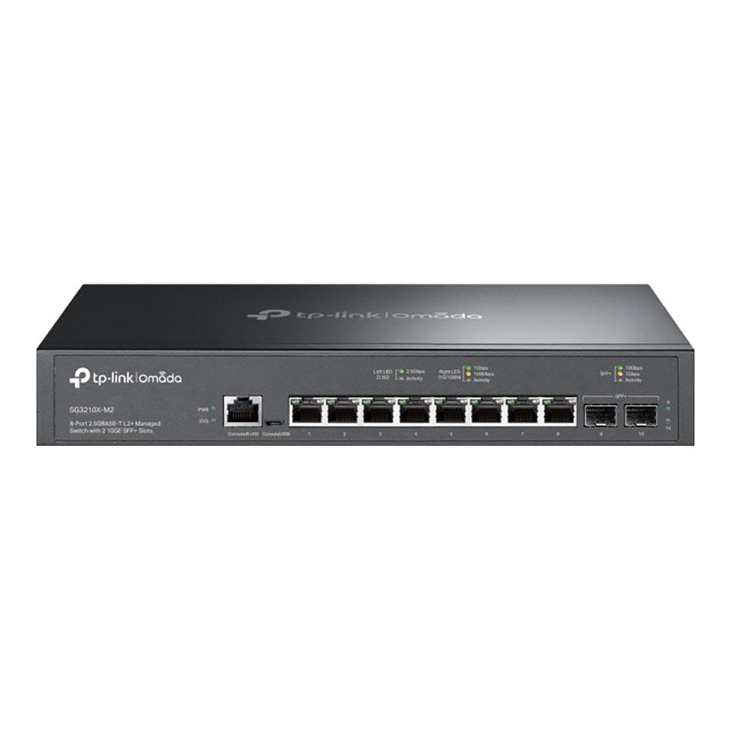 TP-LINK SG3210X-M2 Omada Switch front view with 8 ports and LED indicators