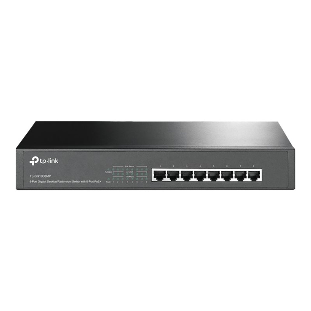 TP-LINK TL-SG1008MP Switch with 8 Gigabit Ethernet ports and PoE features.