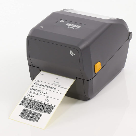 Zebra ZD421t Etikettendrucker mit herausgedrucktem Etikett und Barcode, Kabelgebunden, Thermotransferdrucker.