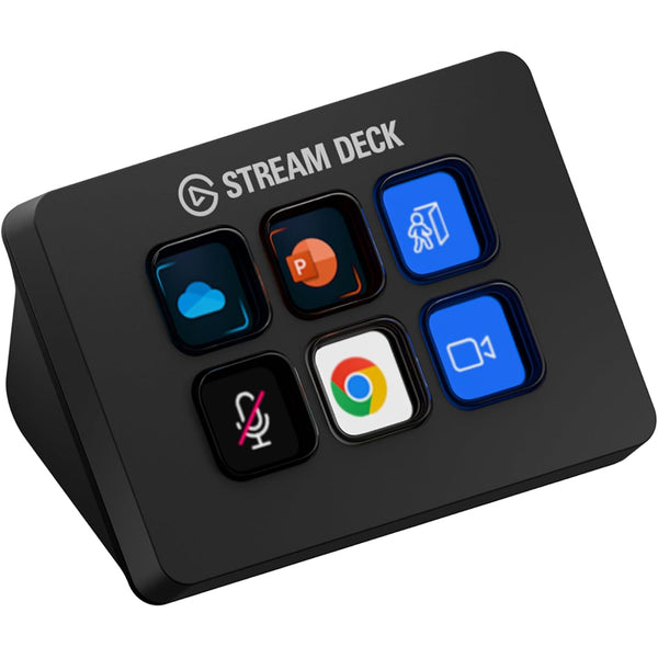 Elgato Stream Deck Mini with six customizable buttons and color display for gaming and streaming control.
