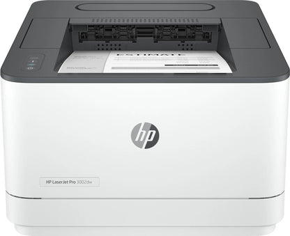 HP LaserJet Pro 3002dw Drucker mit oberem Papiereinzug und Druckauftrag.