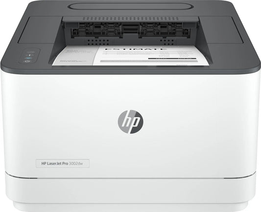 HP LaserJet Pro 3002dw Drucker mit oberem Papiereinzug und Druckauftrag.