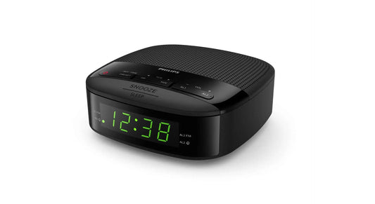 Philips Audio Radiowecker UKW Radio mit digitalem Display und Snooze-Funktion in schwarzer Farbgestaltung.