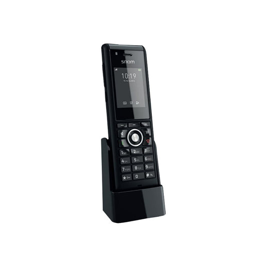 Snom M85 DECT mobile phone with black casing and charging dock.