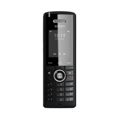 Snom M65 VoIP cordless phone in black with data display and ergonomic keypad features.