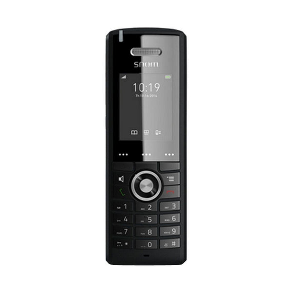 Snom M65 VoIP cordless phone in black with data display and ergonomic keypad features.