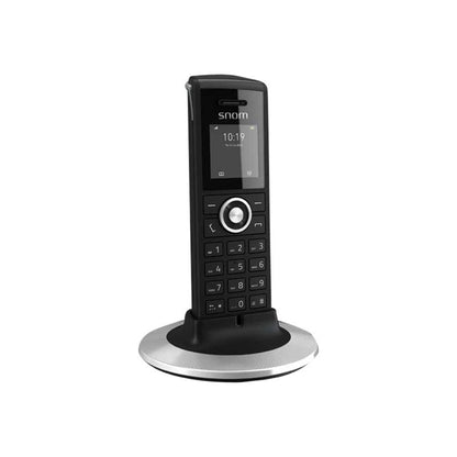 Snom M25 VoIP cordless phone with HD audio, black color, TFT display, rechargeable NiMH battery, and DECT connectivity.