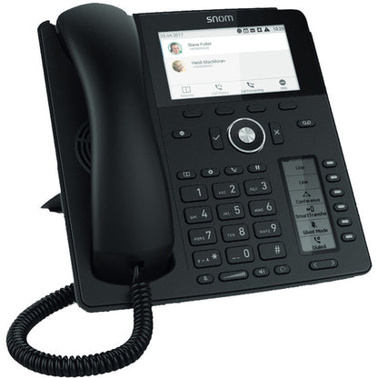 Snom D785 black VoIP phone with TFT display, featuring PoE, caller ID, and 3-way conferencing functions.