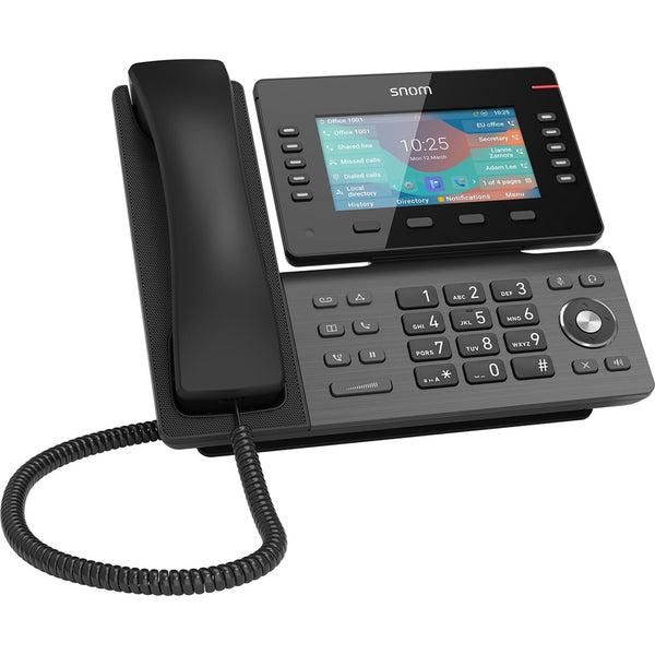 Snom D865 VoIP phone with LCD display, HD audio, and programmable function keys in black.