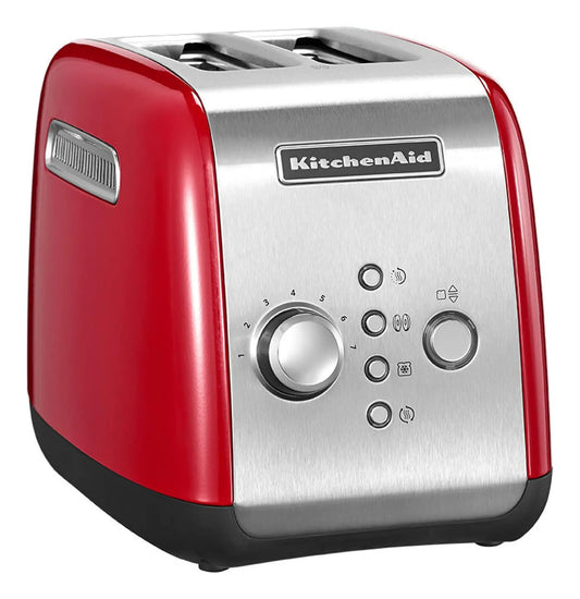KitchenAid Toaster für 2 Scheiben, rot mit Bräunungsgrad-Drehregler und 2 breiten Schlitzen.