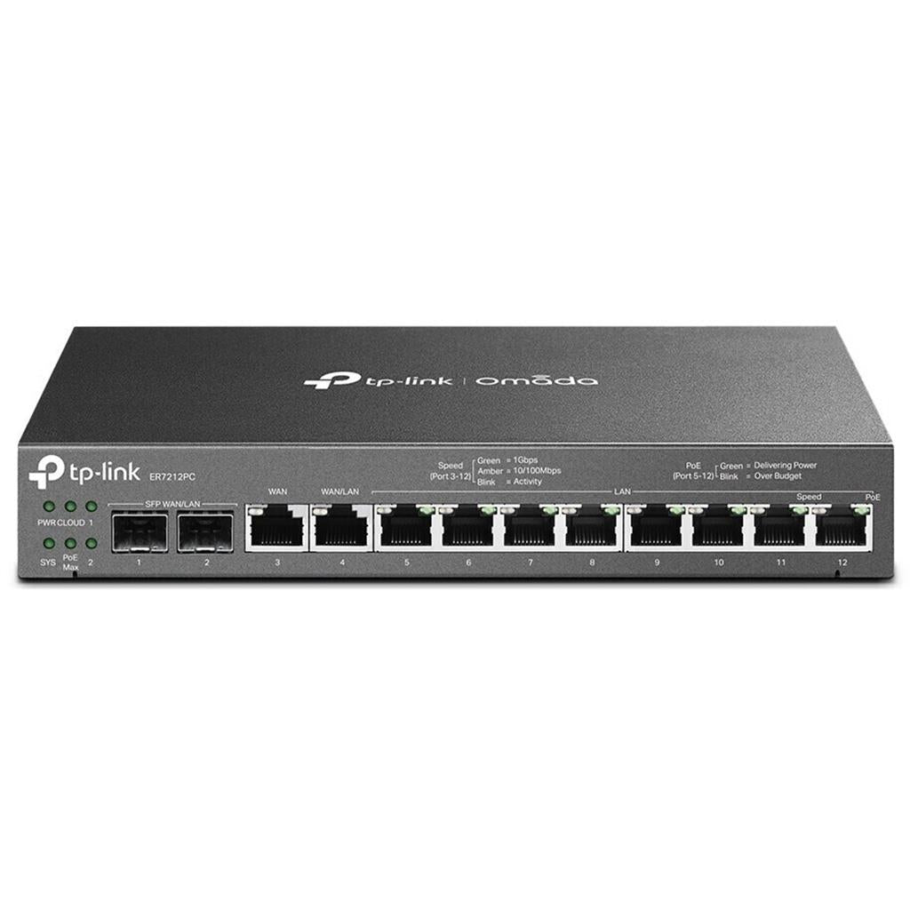 TP-Link ER7212PC VPN/LAN Router front view showcasing 2 SFP and 8 RJ-45 ports, with LED status indicators.