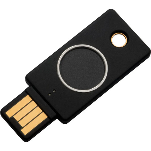 YUBICO YubiKey Bio Fido-Stick in black with USB A connection for secure authentication and data access.