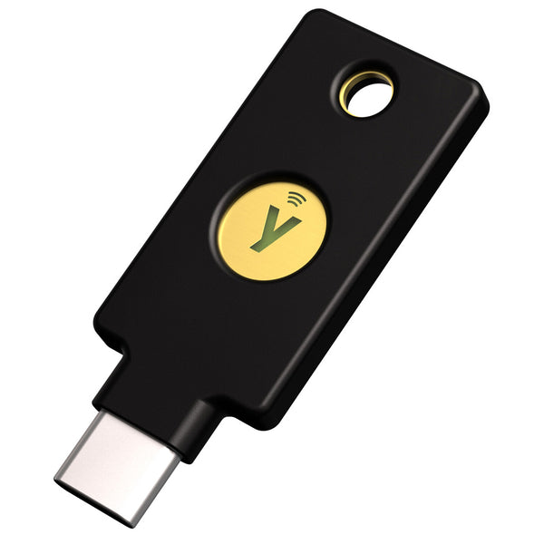 YUBICO Security Key C NFC, black FIDO stick with USB-C connectivity for secure authentication.