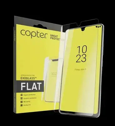 Copter Exoglass Flat screen protector packaging with transparent protector for smartphone.
