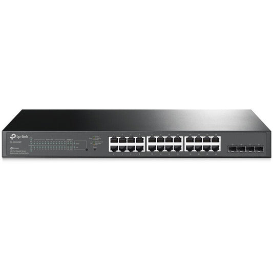 TP-Link JetStream TL-SG2428P rackmount PoE switch with 24 ports and LED indicators.