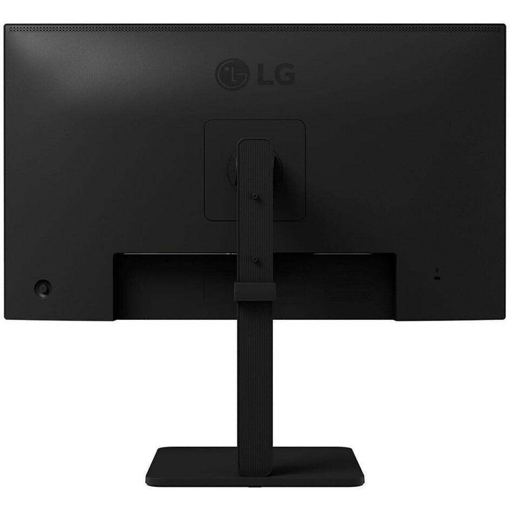 Rückansicht des LG 27BA560-B Computerbildschirms in Schwarz mit stabilem Standfuß.