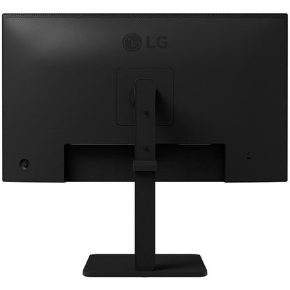 Rückansicht des LG 27BA560-B Computerbildschirms in Schwarz mit stabilem Standfuß.