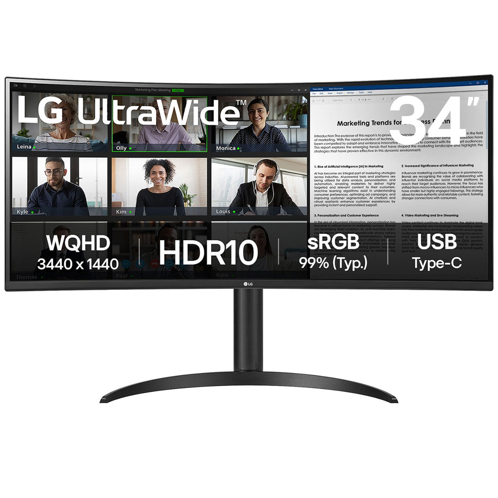 LG 34" UltraWide Monitor mit 3440 x 1440 Auflösung, HDR10, sRGB 99% und USB Type-C Anschluss.