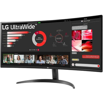 LG UltraWide 34 Zoll Monitor zeigt Grafik und Videoanrufe, ideal für Produktivität und Multitasking.