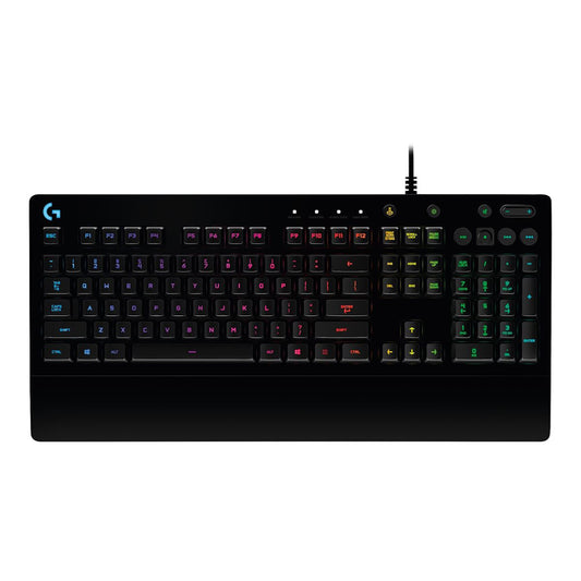 Logitech G213 Prodigy Gaming-Tas with RGB lighting and multimedia keys, USB connection, German layout.