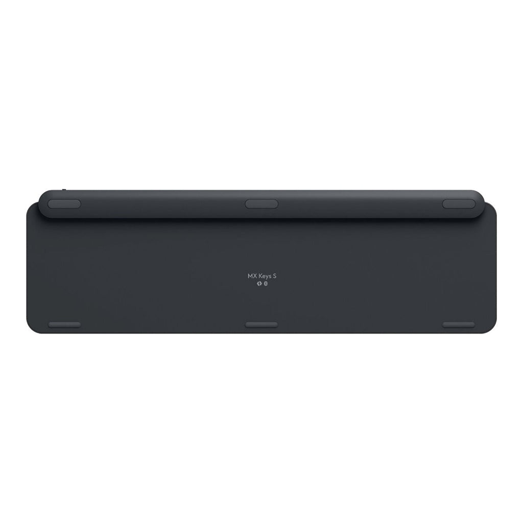 Logitech Tastatur MX KEYS S DE Rückansicht mit ergonomischem Design und flachen Tasten.