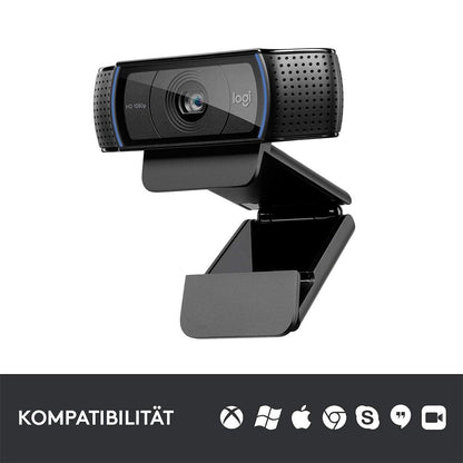 Logitech Webcam C920 HD Pro USB with adjustable mount and compatibility icons for various operating systems.