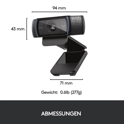 Logitech Webcam C920 HD Pro USB dimensions with size details and weight.