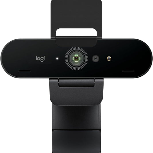 Logitech Webcam Brio 4K Ultra-HD front view with built-in microphones and adjustable mount