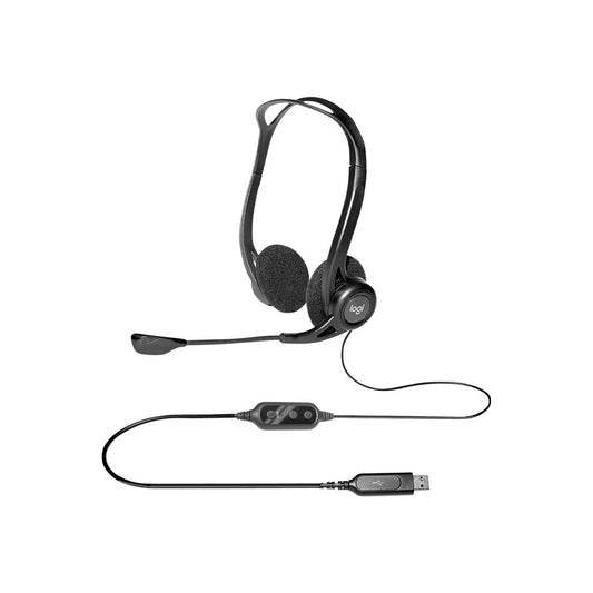 Logitech Headset 960 USB Stereo with USB connection and adjustable microphone for PC use.