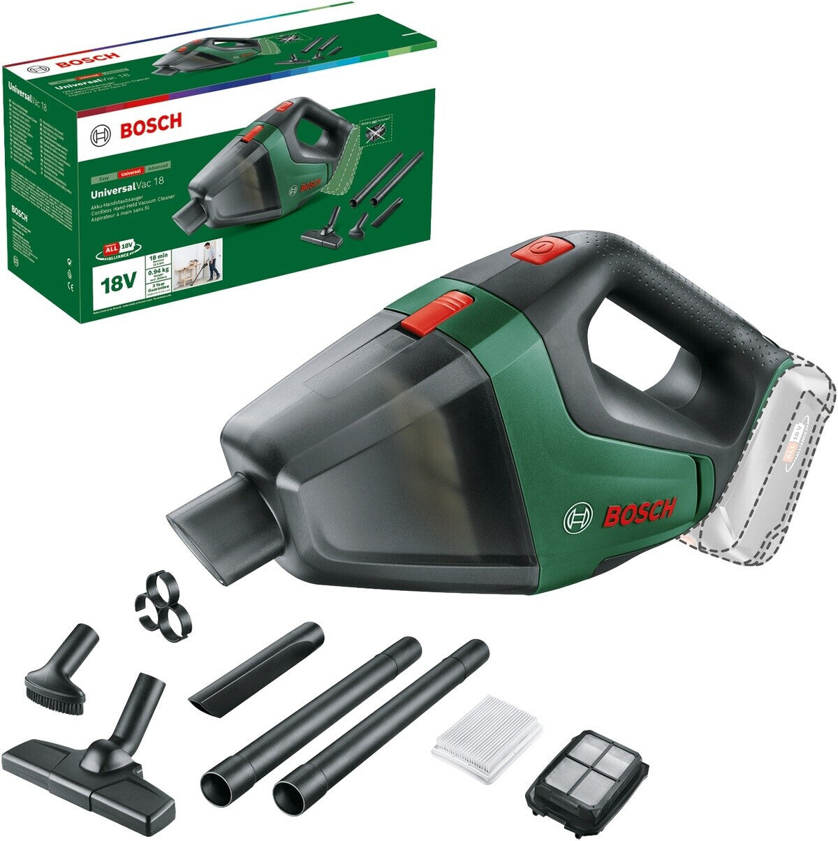 Bosch UniversalVac 18 - 2-in-1 stick vacuum - Beutellos - Schwarz - Grün - Trocken - Filterung - Teppich - Harter Boden