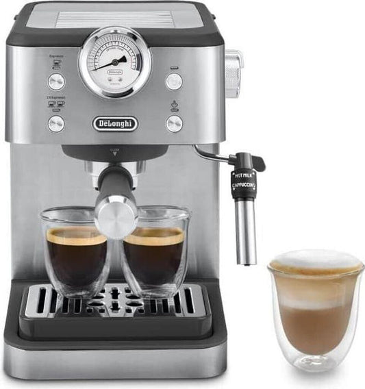 De'Longhi Siebträgermaschine Classic EM450.M, Espressomaschine mit professionellem Milchaufschäumer, Vollmetallgehäuse, 15 Bar, 1,7 l Wassertank, Edelstahl/Metall