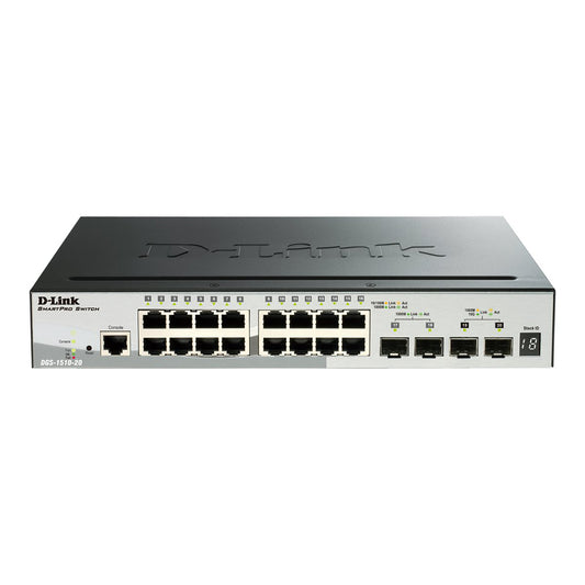 D-Link DGS 1510-20 Switch front view, featuring 20 ethernet ports and rackmount design.