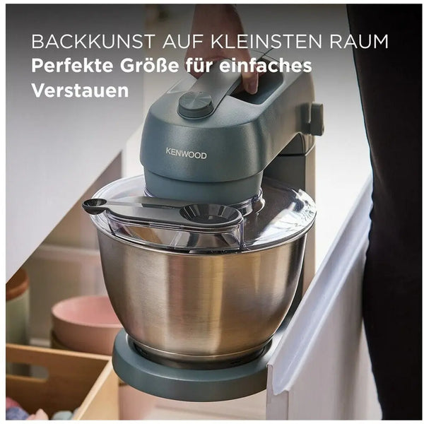 Kenwood Go Küchenmaschine KZM35.000GY, platzsparend, inkl. 4-Liter-Schüssel, K-Haken, Ballonschneebesen, Knethaken, Spritzschutz & Messlöffel, Metallgehäuse mit Tragegriff, 800W, Blau Kennwood